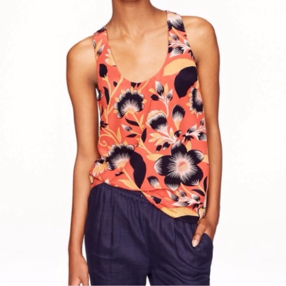 J. Crew Twist Racerback Hibiscus Floral Silk Tank Top Size 2 Coral Orange & Blue